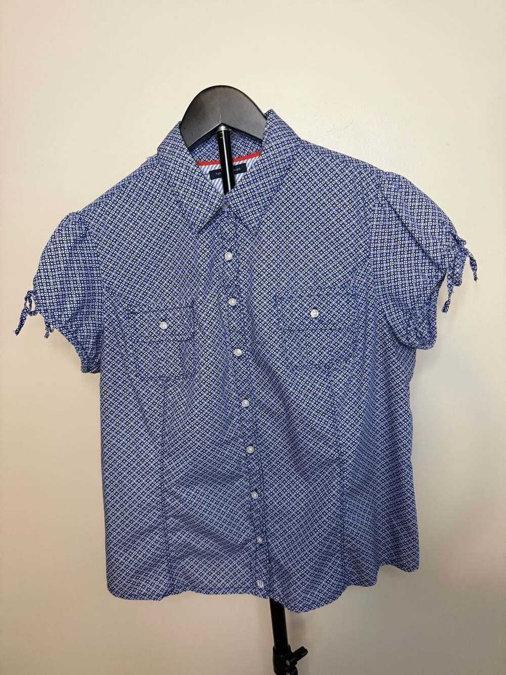 Tommy Hilfiger Women's Blue Geometric Print Short Sleeve Shirt Size XL